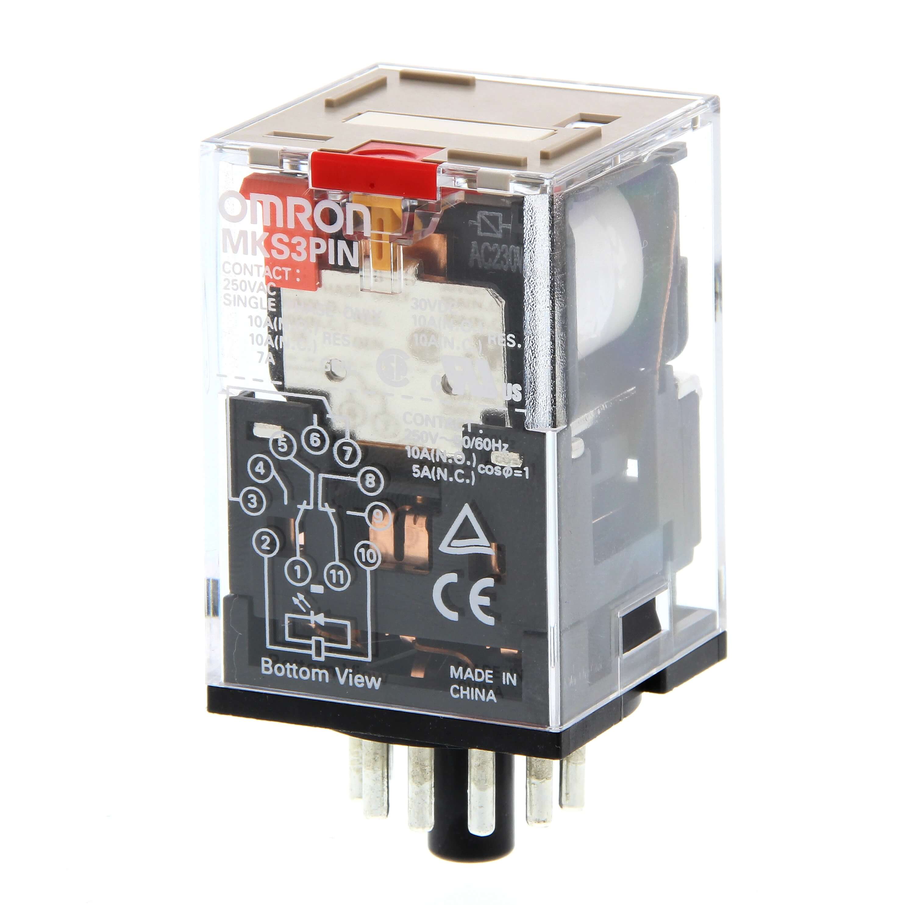 11.5 mA at 50 and 10 mA at 60 Hz Rated Load Current Omron MKS3PI-5 AC230 General Purpose Relay with Mechanical Indicator and Lockable Test Button 120 VA Basic Model Type Triple Pole Double Throw Contacts Standard Internal Connections Plug-In Terminal 
